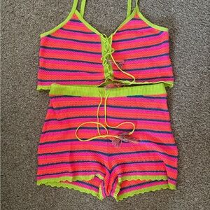 Almost Famous Neon Crochet Two-Piece - Pink, Lime & Blue
